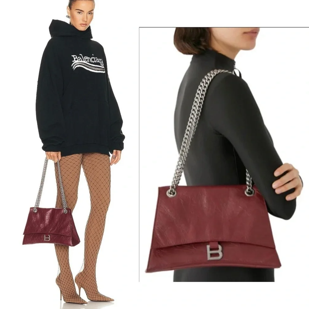 BALENCIAGA Crush Leather Medium  Chain Shoulder Handbag Tote Crossbody Purse New